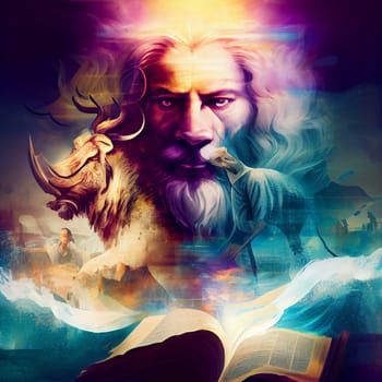 God in heaven with the bible and shadows of animals surrounded by light, bible story, religion and faith of christianity, generative AI