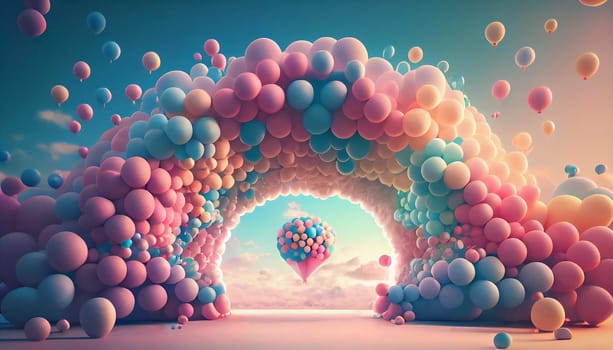 Colorful balloons in the sky, fairytale dreamlike arc, birthday, anniversary and party concept, generative AI
