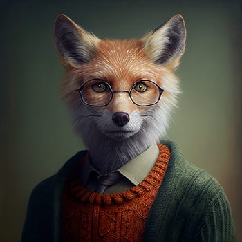 Surreal hybrid creature, half fox, half man in mythologie, wearing a sweater, jacket and eyeglasses, illustration, generative AI