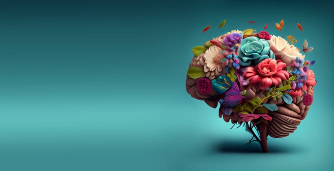 Human brain tree with flowers, self care and mental health concept, positive thinking, creative mind, generative AI