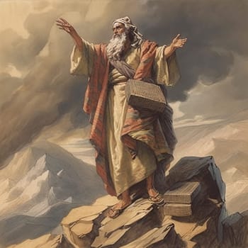 Moses receiving the ten commandments at Mount Sinai, religion and faith, prophet of judaism and christianity, generative AI