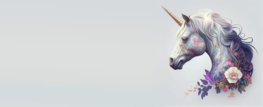 Unicorn, fairy tale creature with pastel colored flowers, fantasy portrait, generative AI