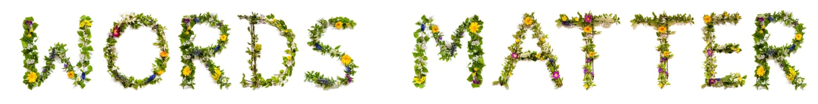 Blooming Flower Letters Building English Text Words Matter. Summer And Spring Season Blossoms And Flower Lei.