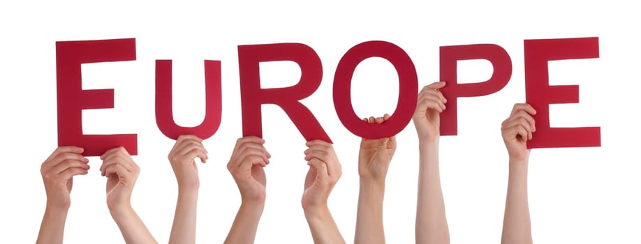 People Or Persons Hands Building English Word Europe. Isolated White Background.