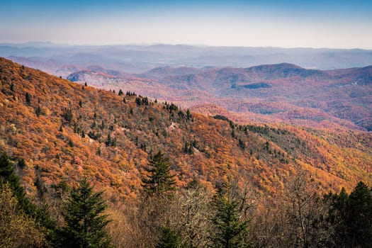 Scenic view of Smoky Mountains from Blue Ridge Parkway in North Carolina in fall