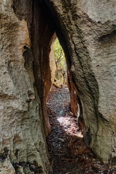 Narrow path between rocks in Petit Tsingy de Bemaraha, Strict Nature Reserve located near the western coast of Madagascar. UNESCO World Heritage.. Madagascar amazing wilderness landscape