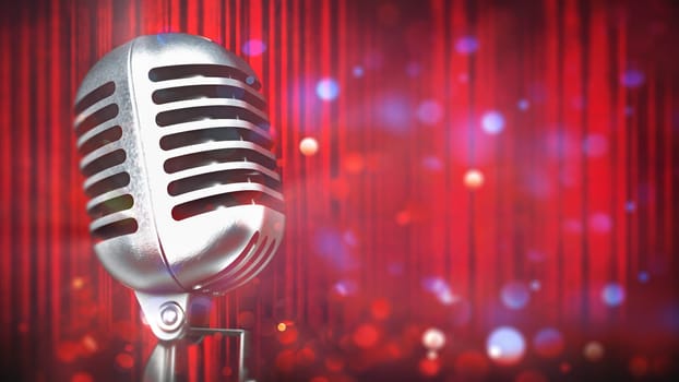 Vintage microphone on red curtain backgound. 3D illustration.