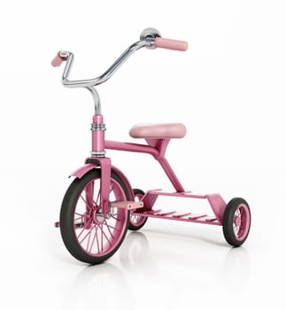 Pink vintage kid's tricycle isolated on white background. 3D illustration.