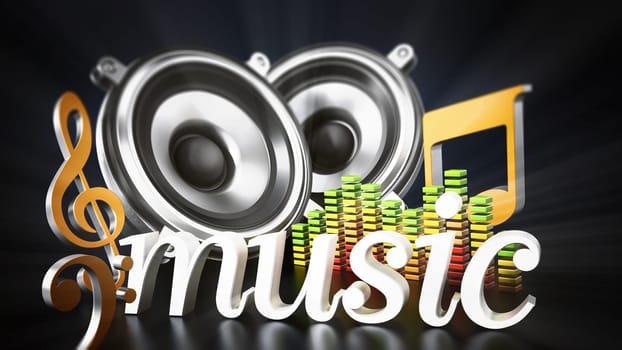 Music text speakers, music notes and equalizer. 3D illustration.