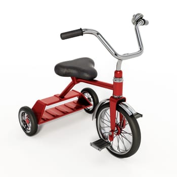 Red vintage kid's tricycle isolated on white background. 3D illustration.