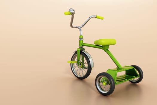 Green vintage kid's tricycle. Copy space on the left side. 3D illustration.