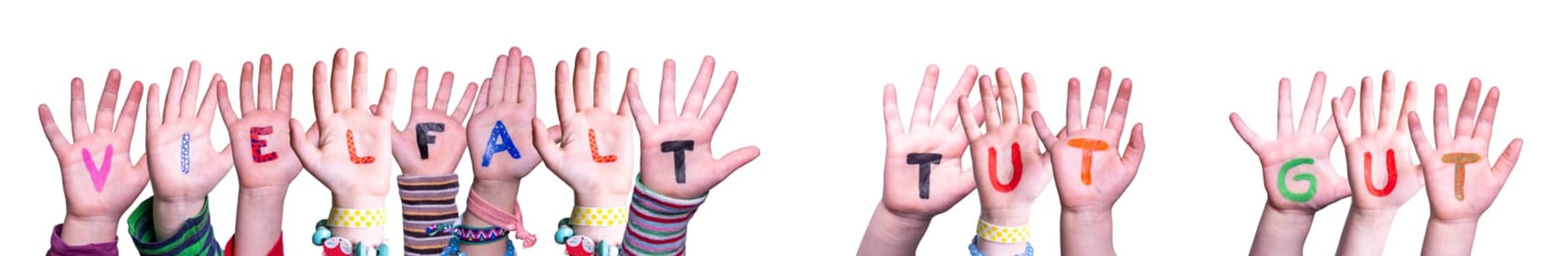 Children Hands Building Colorful German Word Vielfalt Tut Gut Means Diversity Is Good. Isolated White Background.