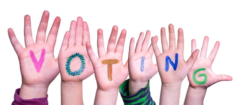 Children Hands Building Colorful English Word Voting. White Isolated Background