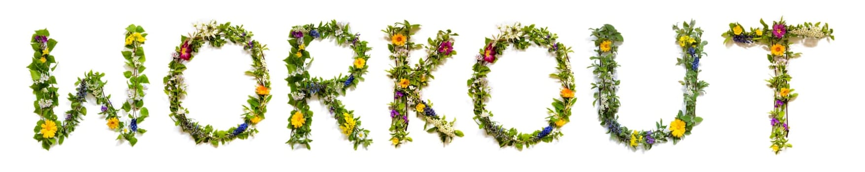 Blooming Flower Letters Building English Word Workout. Summer And Spring Season Blossoms And Flower Lei.