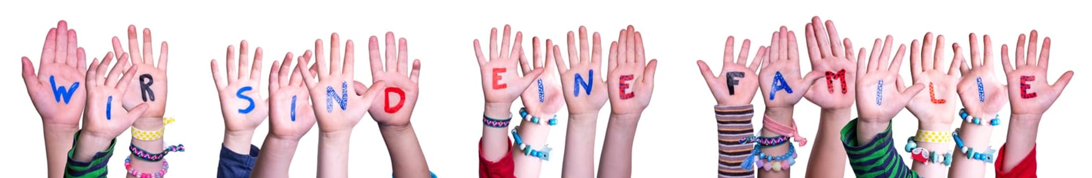 Children Hands Building Colorful German Word Wir Sind Eine Familie Means We Are Family. Isolated White Background.