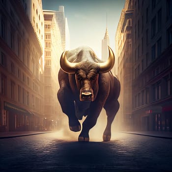 Golden bull in the city, finance and banking, save money, investment plan, financial crisis, generative AI