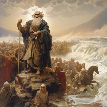 Exodus of the bible, Moses crossing the Red Sea with the Israelites, escape from the Egyptians, generative AI