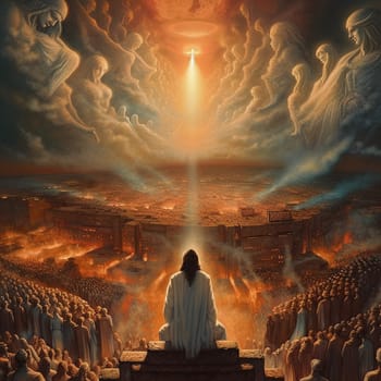 Revelation of Jesus Christ, new testament, religion of christianity, heaven and hell over the crowd of people, Jerusalem of the bible, generative AI
