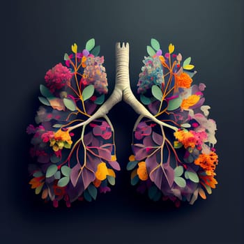 Lung with flowers for fresh healthy breathing air, environment concept, connect to nature, generative AI