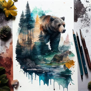 Brown bear in the forest, watercolor drawing, wildlife in the woodland, generative AI