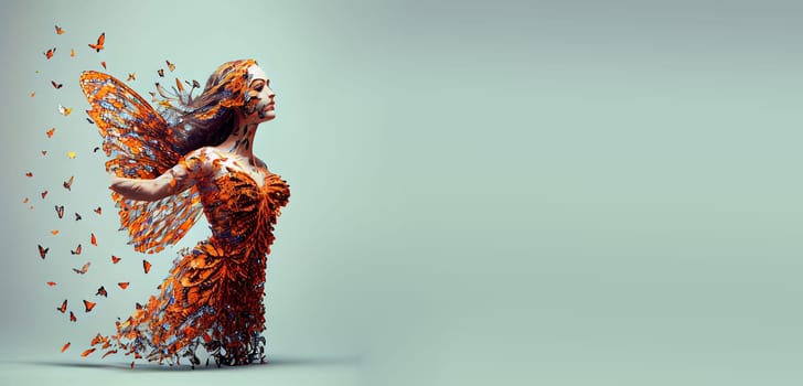 Woman dress made from butterflies with wings, self care and mental health concept, positive thinking, creative mind, generative AI