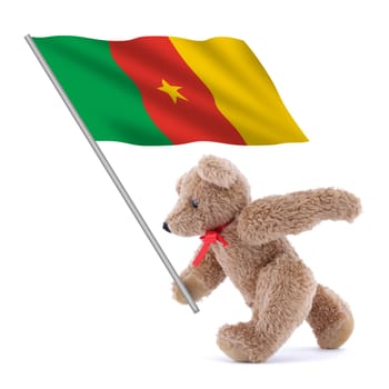 A Cameroon flag being carried by a cute teddy bear