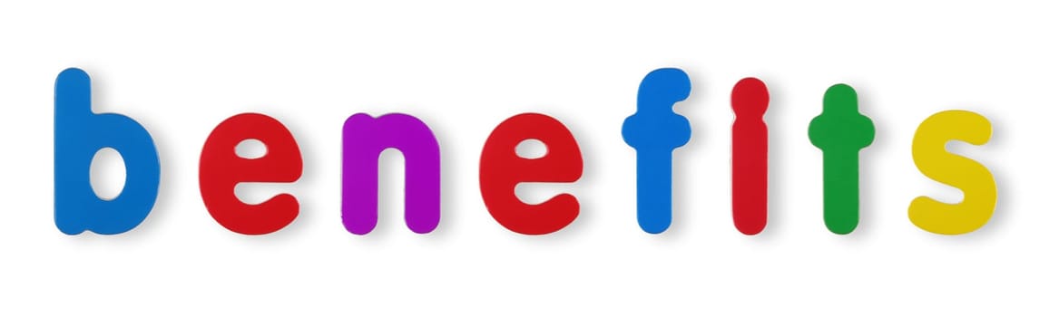 benefits coloured magnetic letters on white with clipping path to remove shadow