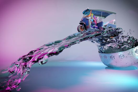 3d rendering,Songkran Water festival or Thailand Traditional New Year's Day. People playing water gun water festival on Tuk Tuk junp on