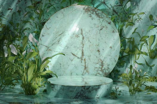 Minimal geometric, Green marble podium in green background and leaves. product presentation, Podium, stage, pedestal or platform. simple clean