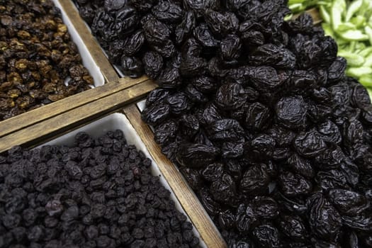 Detail of dried sweet fruit in an old market, healthy food, vegan