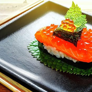 The Japanese menu. Tasty set of sushi with salmon and tuna with nice background color