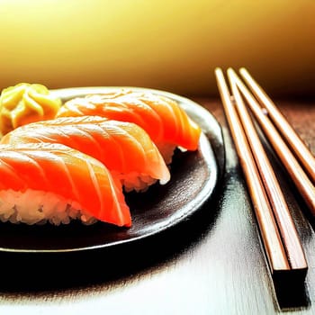 The Japanese menu. Tasty set of sushi with salmon and tuna with nice background color