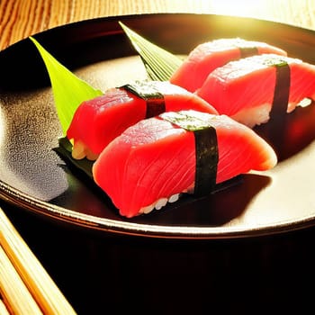 The Japanese menu. Tasty set of sushi with salmon and tuna with nice background color