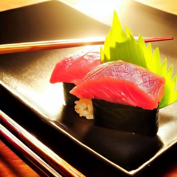 The Japanese menu. Tasty set of sushi with salmon and tuna with nice background color