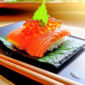 The Japanese menu. Tasty set of sushi with salmon and tuna with nice background color