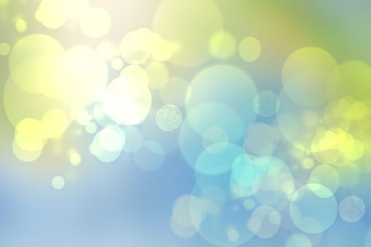 Abstract blurred fresh vivid spring summer light delicate blue yellow white bokeh background texture with bright circular soft color lights. Beautiful backdrop illustration. Space.