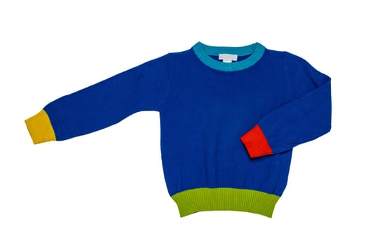 Top view of clothes for child boy isolated on a white background. A beautiful blue little child sweater or knitted cardigan. Autumn and winter fashion for kids.