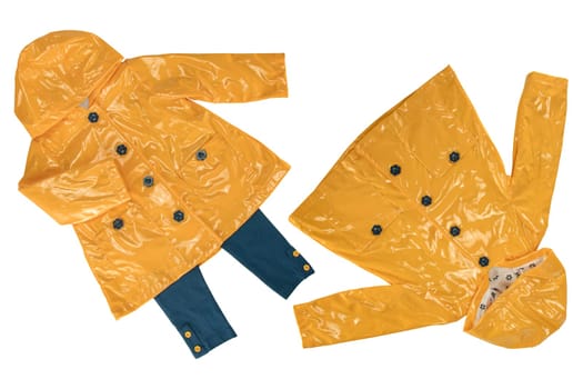 Rain jacket. Collage set of elegant yellow rain jacket in two views isolated on a white background. Girls fashion for rain season.