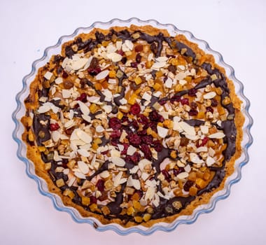 Homemade tart with chocolate and fruit