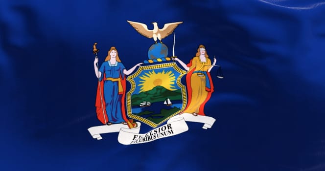 Detail of the New York State flag waving. Blue background with state coat of arms. Fluttering textile. Textured background. 3d illustration render. Close-up