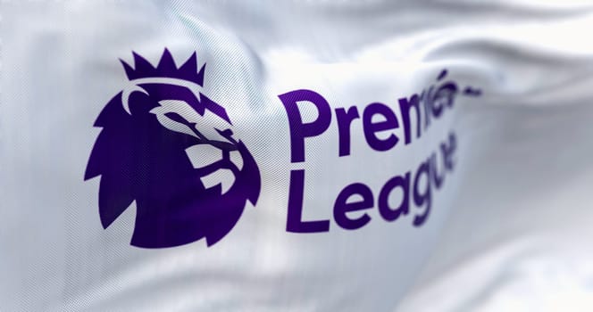 London, UK, april 2023: Close-up of the Premier League flag waving in the wind. Premier League is the top level of the English football league system. Illustrative editorial 3d illustration render