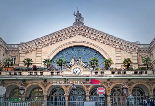 Paris Gare de l'Est, France. Eastern railway station, train terminal building facade.