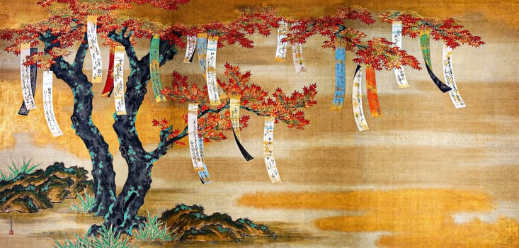 Japanese autumn maples with poem slips (1649-1686) vintage painting by Tosa Mitsuoki. Original public domain image from The Art Institute of Chicago.