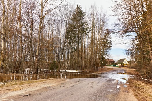 Snow melting in spring. Big puddles in forest. Stream through country road. Wet soil. Season change. March rural landscape. Belarus