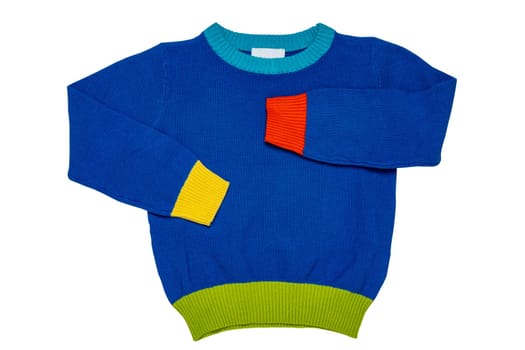 Top view of clothes for child boy isolated on a white background. A beautiful blue little child sweater or knitted cardigan. Autumn and winter fashion for kids.