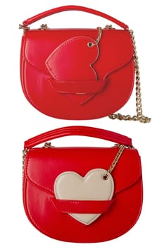 Stylish women's handbag. Collage set of a fashionable female red luxury handbag isolated on white. Clipping path. Fashionable womans accessories. Advertising.