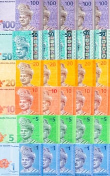 Malaysia currency of Malaysian ringgit banknotes background. Paper money of one, five, ten, twenty, fifty and hundred ringgit notes. Financial concept.