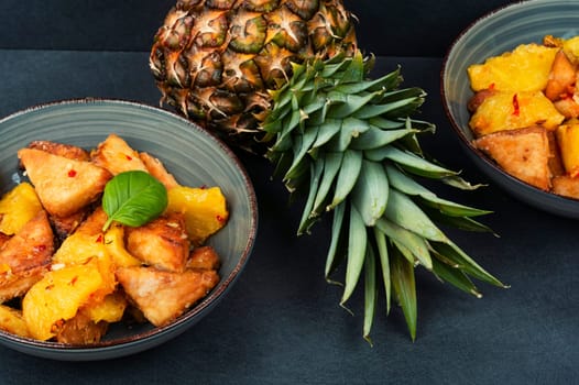 Deep-fried veggie tofu with pineapple and chili.