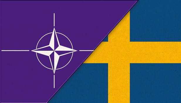 Sweden entries into NATO. Swedish and NATO (North Atlantic Treaty Organization) flag. Flag of Sweden and NATO. Swedish flag on fabric surface. National symbol of Sweden and Nothern military block