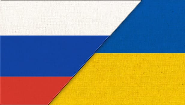 Flag of Ukraine and russia. National symbols of Ukraine and russia - 3D illustration. Ukrainian and russian relations. diplomatic relations. Slavonic states